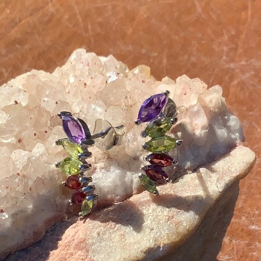 AMETHYST, PERIDOT & RHODOLITE 925 STERLING SILVER EARRINGS